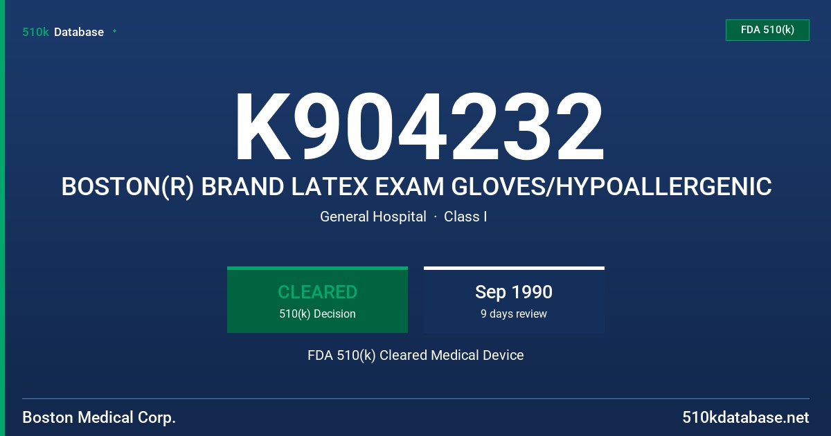K904232 BOSTON(R) BRAND LATEX EXAM GLOVES/HYPOALLERGENIC FDA 510(k) Cleared Medical Device