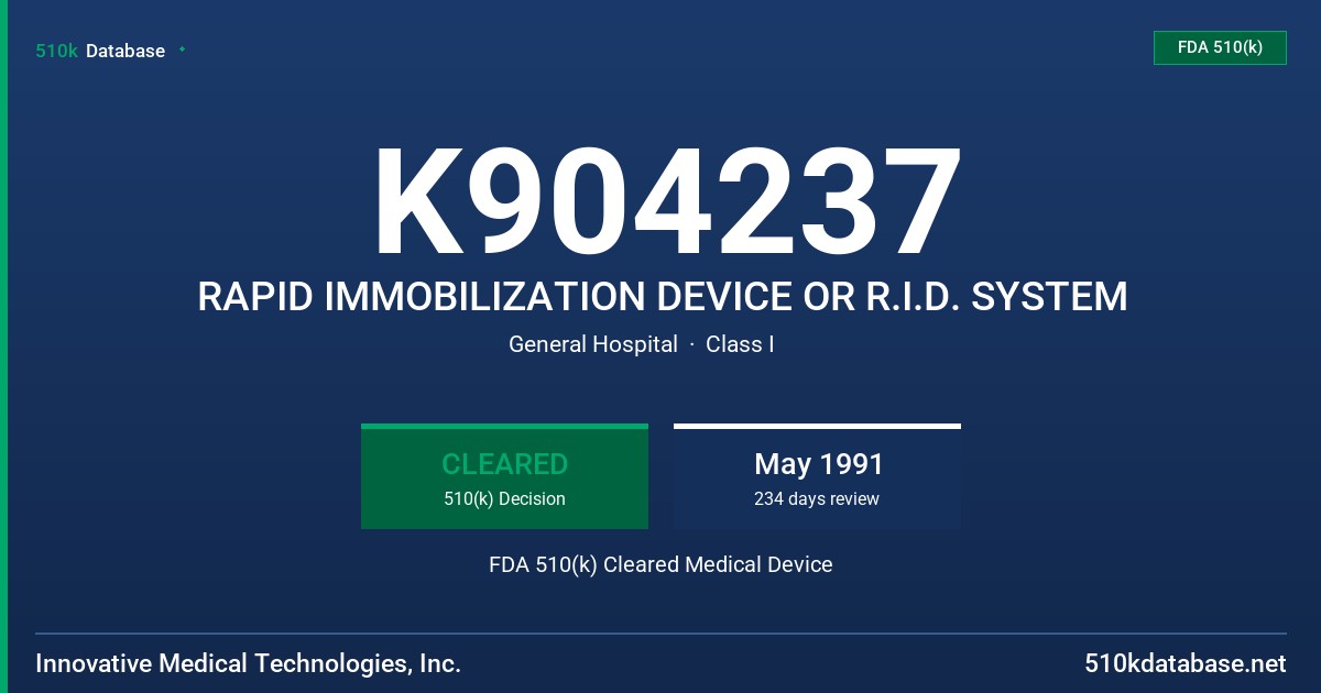 K904237 RAPID IMMOBILIZATION DEVICE OR R.I.D. SYSTEM FDA 510(k) Cleared Medical Device