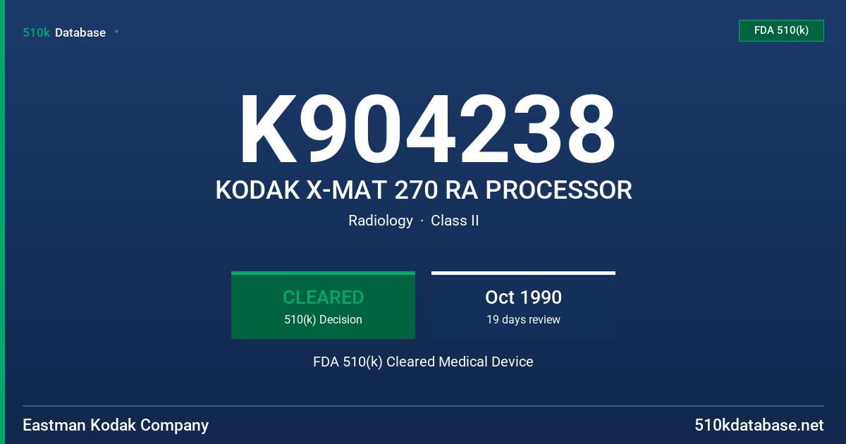 K904238 KODAK X-MAT 270 RA PROCESSOR FDA 510(k) Cleared Medical Device