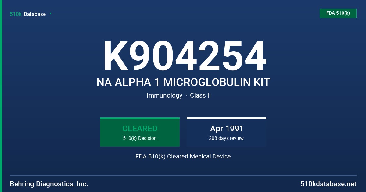 K904254 NA ALPHA 1 MICROGLOBULIN KIT FDA 510(k) Cleared Medical Device