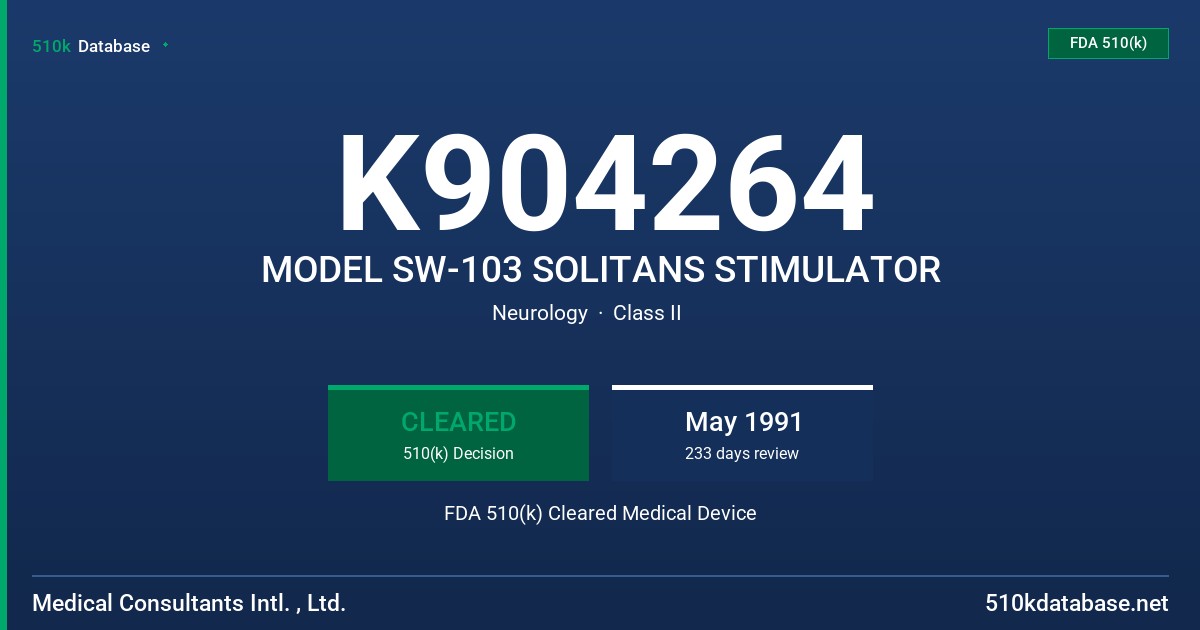 K904264 MODEL SW-103 SOLITANS STIMULATOR FDA 510(k) Cleared Medical Device