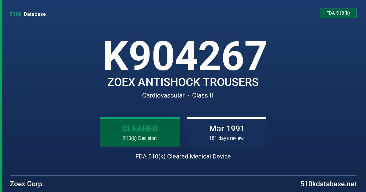 K904267 ZOEX ANTISHOCK TROUSERS FDA 510(k) Cleared Medical Device