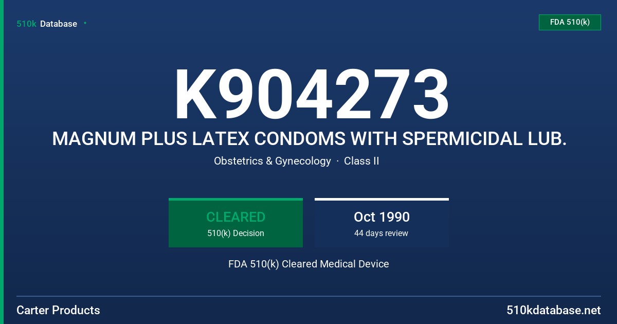 K904273 MAGNUM PLUS LATEX CONDOMS WITH SPERMICIDAL LUB. FDA 510(k) Cleared Medical Device