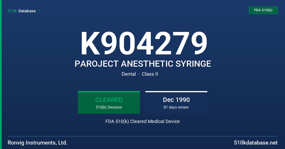 K904279 PAROJECT ANESTHETIC SYRINGE FDA 510(k) Cleared Medical Device