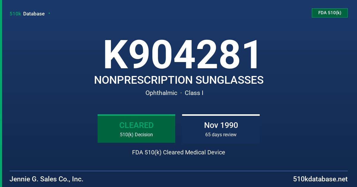 K904281 NONPRESCRIPTION SUNGLASSES FDA 510(k) Cleared Medical Device
