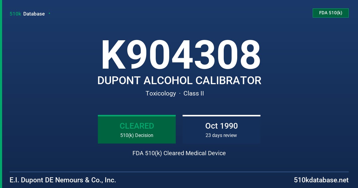K904308 DUPONT ALCOHOL CALIBRATOR FDA 510(k) Cleared Medical Device