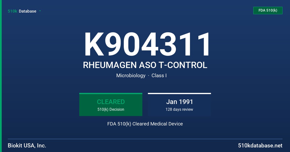 K904311 RHEUMAGEN ASO T-CONTROL FDA 510(k) Cleared Medical Device