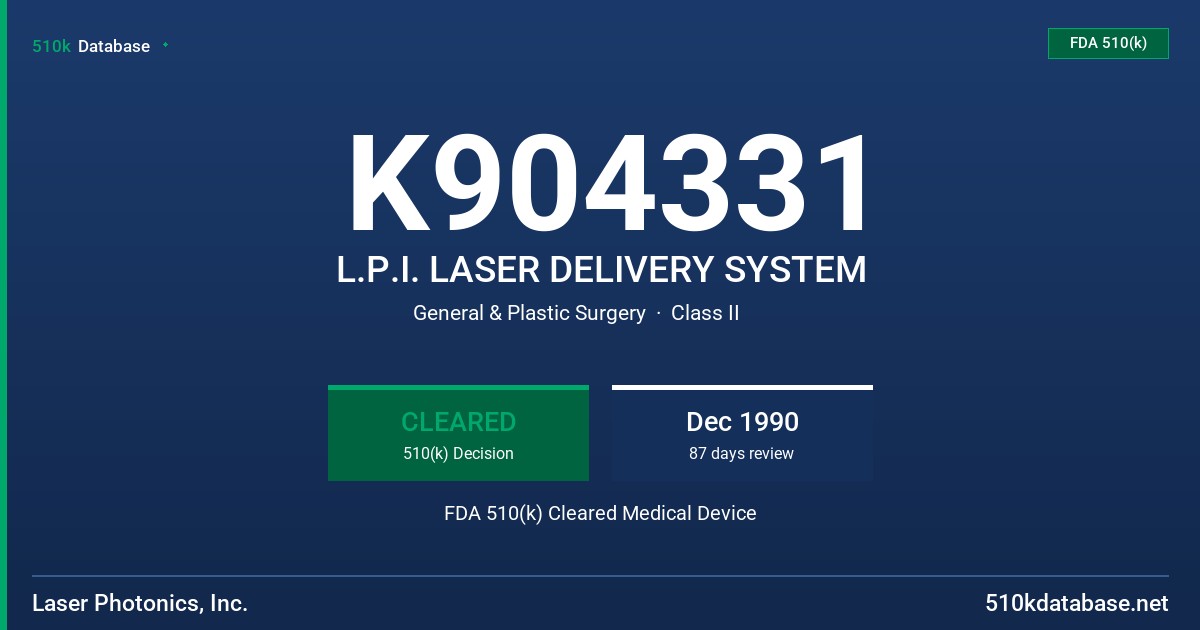 K904331 L.P.I. LASER DELIVERY SYSTEM FDA 510(k) Cleared Medical Device