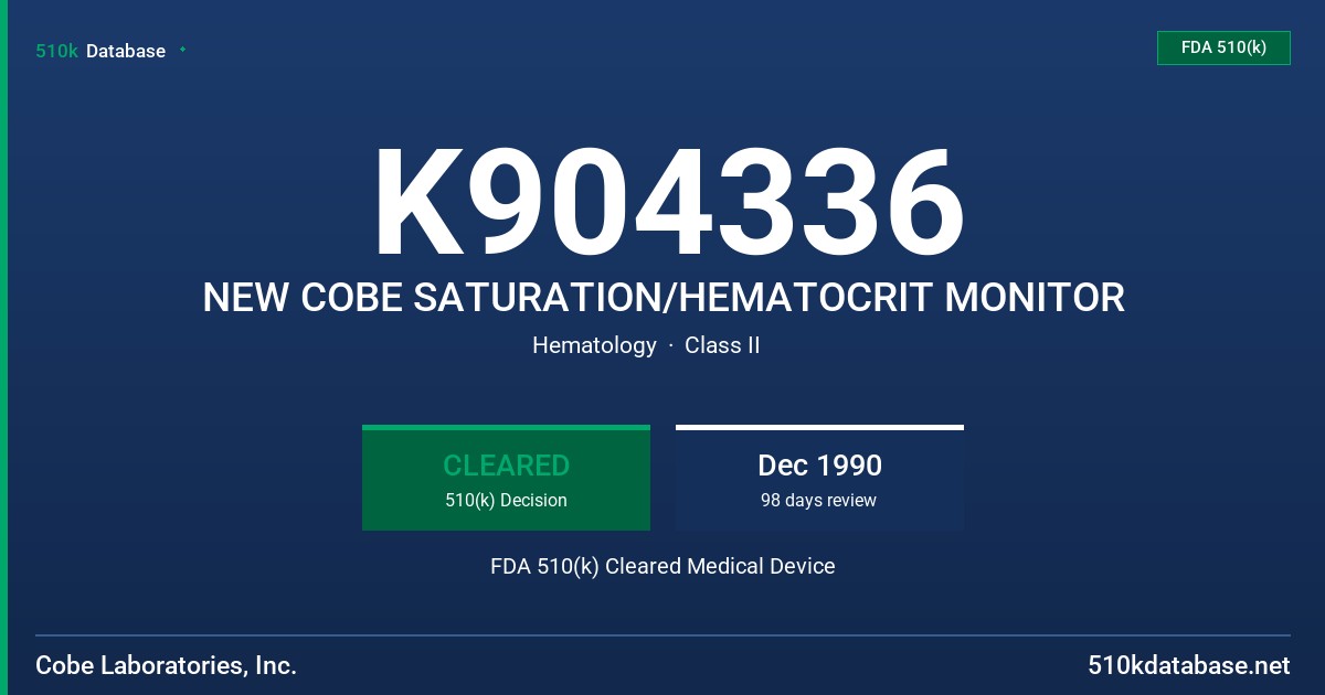 K904336 NEW COBE SATURATION/HEMATOCRIT MONITOR FDA 510(k) Cleared Medical Device