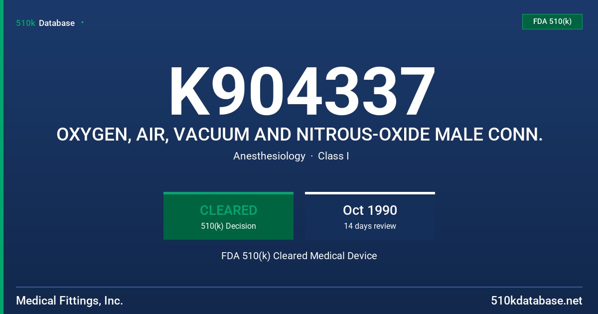 K904337 OXYGEN, AIR, VACUUM AND NITROUS-OXIDE MALE CONN. FDA 510(k) Cleared Medical Device
