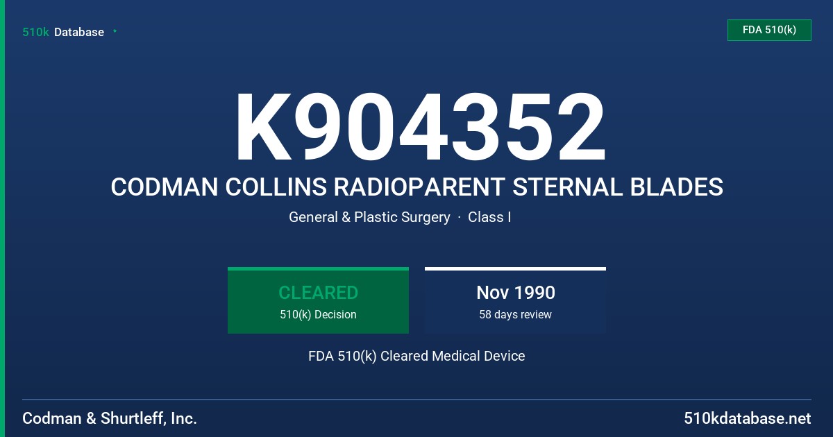 K904352 CODMAN COLLINS RADIOPARENT STERNAL BLADES FDA 510(k) Cleared Medical Device