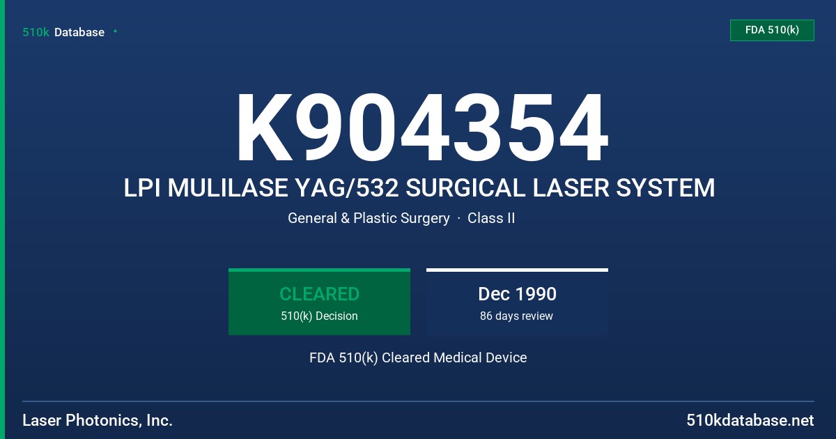 K904354 LPI MULILASE YAG/532 SURGICAL LASER SYSTEM FDA 510(k) Cleared Medical Device