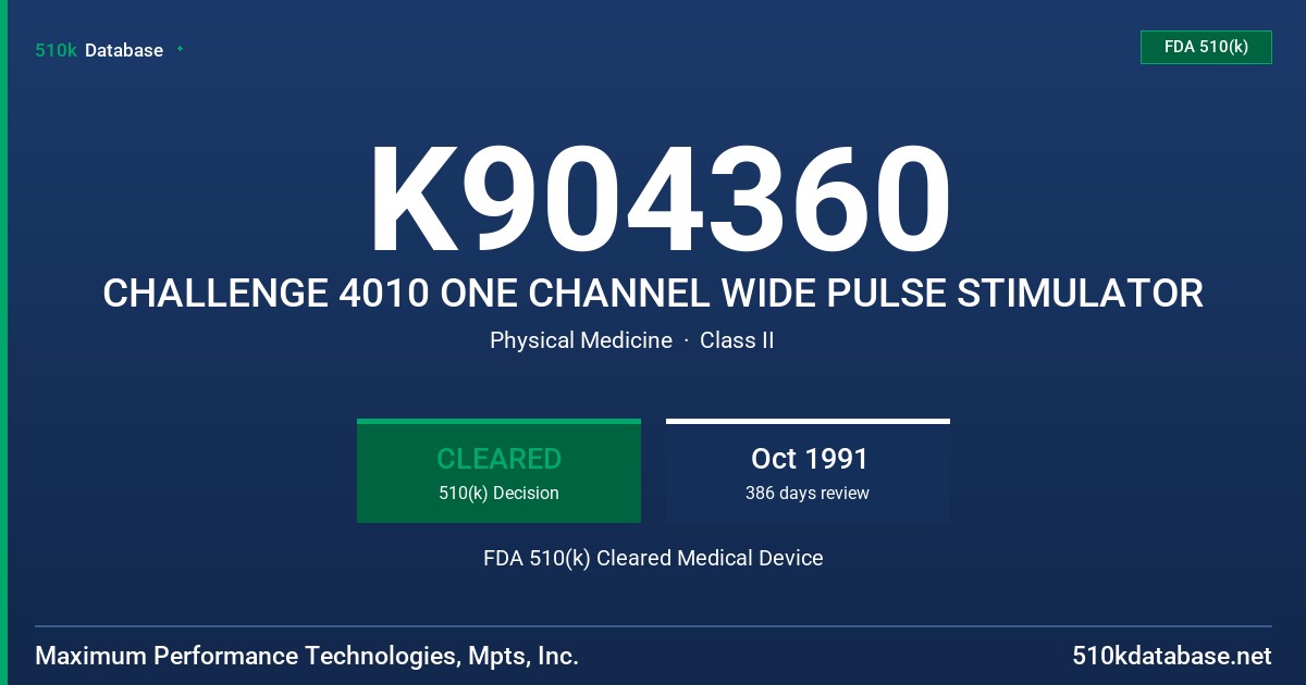 K904360 CHALLENGE 4010 ONE CHANNEL WIDE PULSE STIMULATOR FDA 510(k) Cleared Medical Device