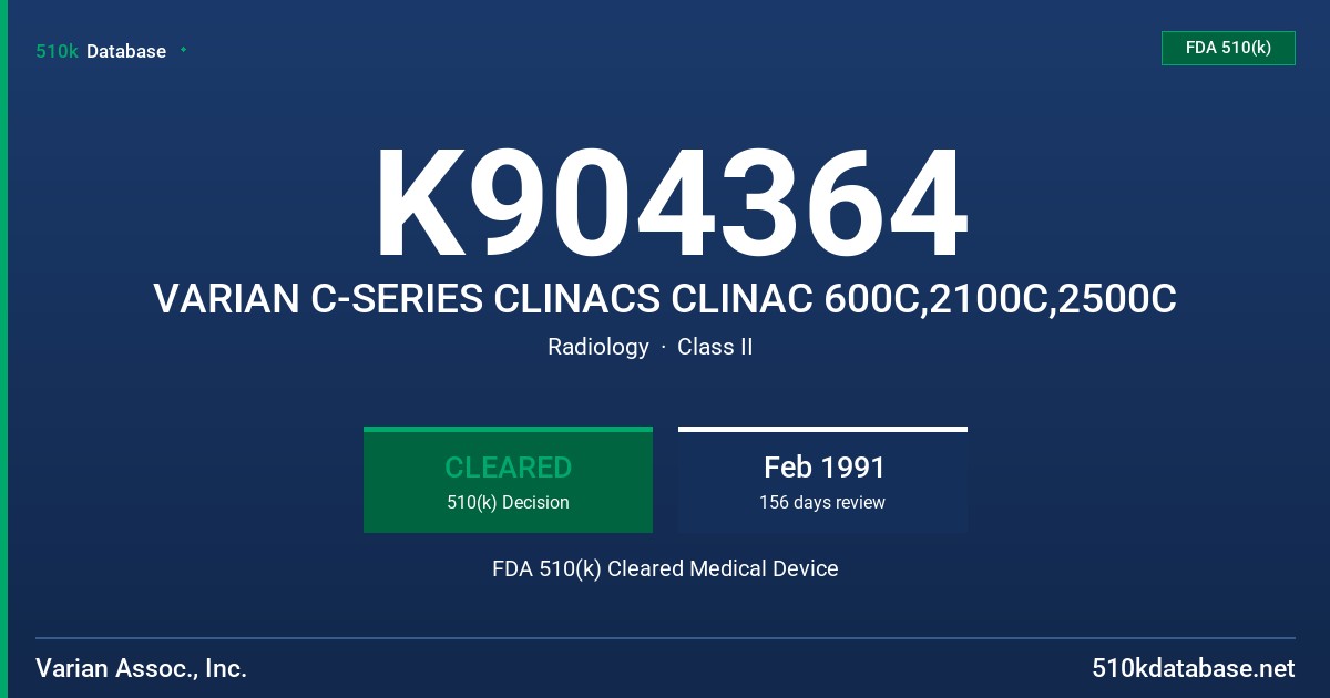 K904364 VARIAN C-SERIES CLINACS CLINAC 600C,2100C,2500C FDA 510(k) Cleared Medical Device