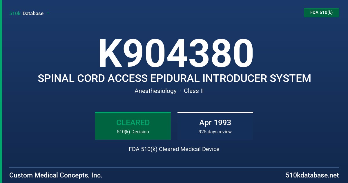 K904380 SPINAL CORD ACCESS EPIDURAL INTRODUCER SYSTEM FDA 510(k) Cleared Medical Device