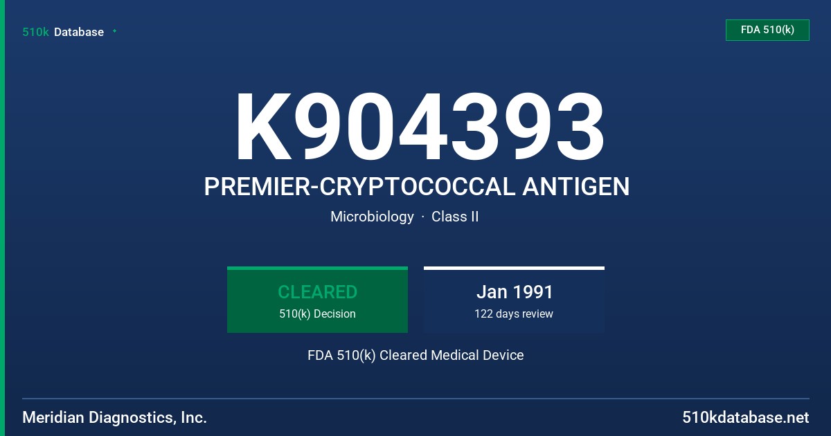 K904393 PREMIER-CRYPTOCOCCAL ANTIGEN FDA 510(k) Cleared Medical Device