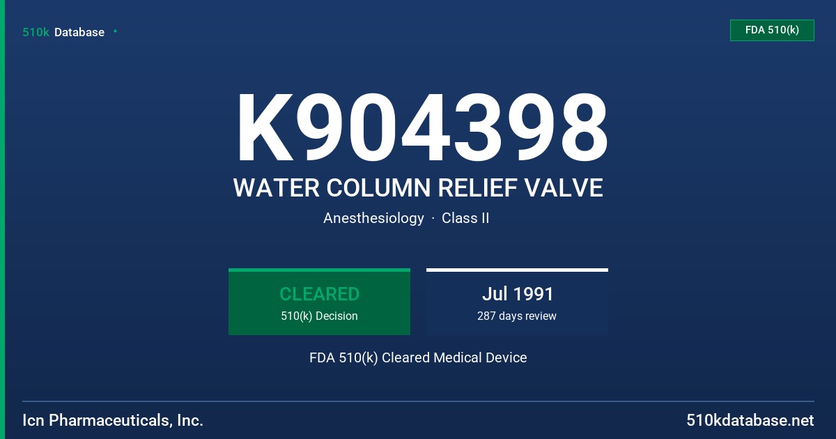 K904398 WATER COLUMN RELIEF VALVE FDA 510(k) Cleared Medical Device