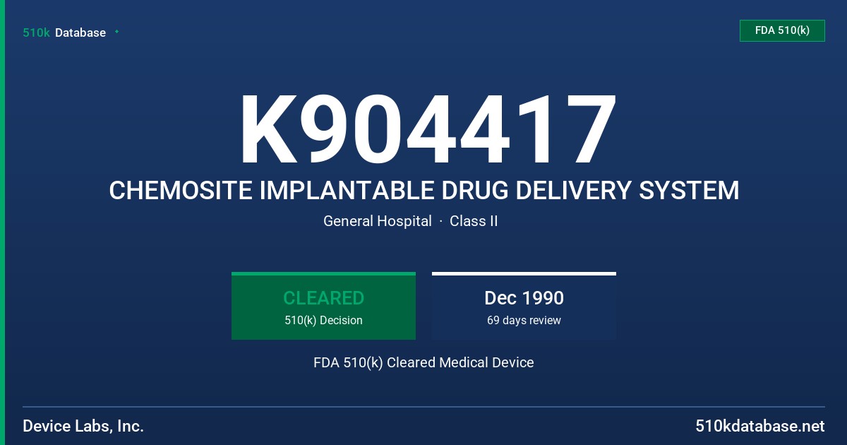 K904417 CHEMOSITE IMPLANTABLE DRUG DELIVERY SYSTEM FDA 510(k) Cleared Medical Device