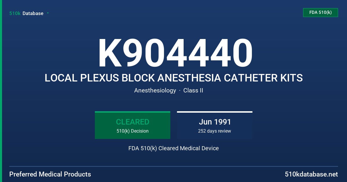 K904440 LOCAL PLEXUS BLOCK ANESTHESIA CATHETER KITS FDA 510(k) Cleared Medical Device