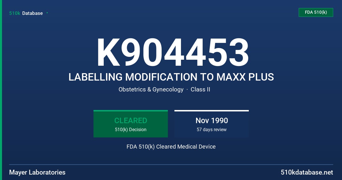 K904453 LABELLING MODIFICATION TO MAXX PLUS FDA 510(k) Cleared Medical Device