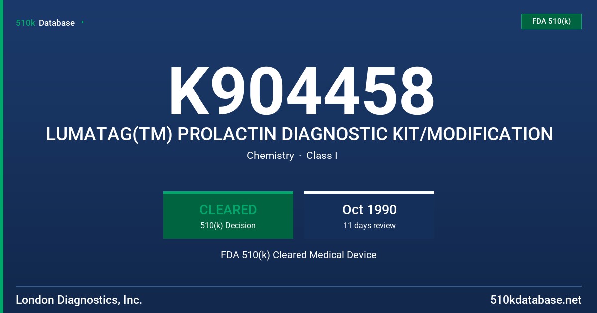 K904458 LUMATAG(TM) PROLACTIN DIAGNOSTIC KIT/MODIFICATION FDA 510(k) Cleared Medical Device