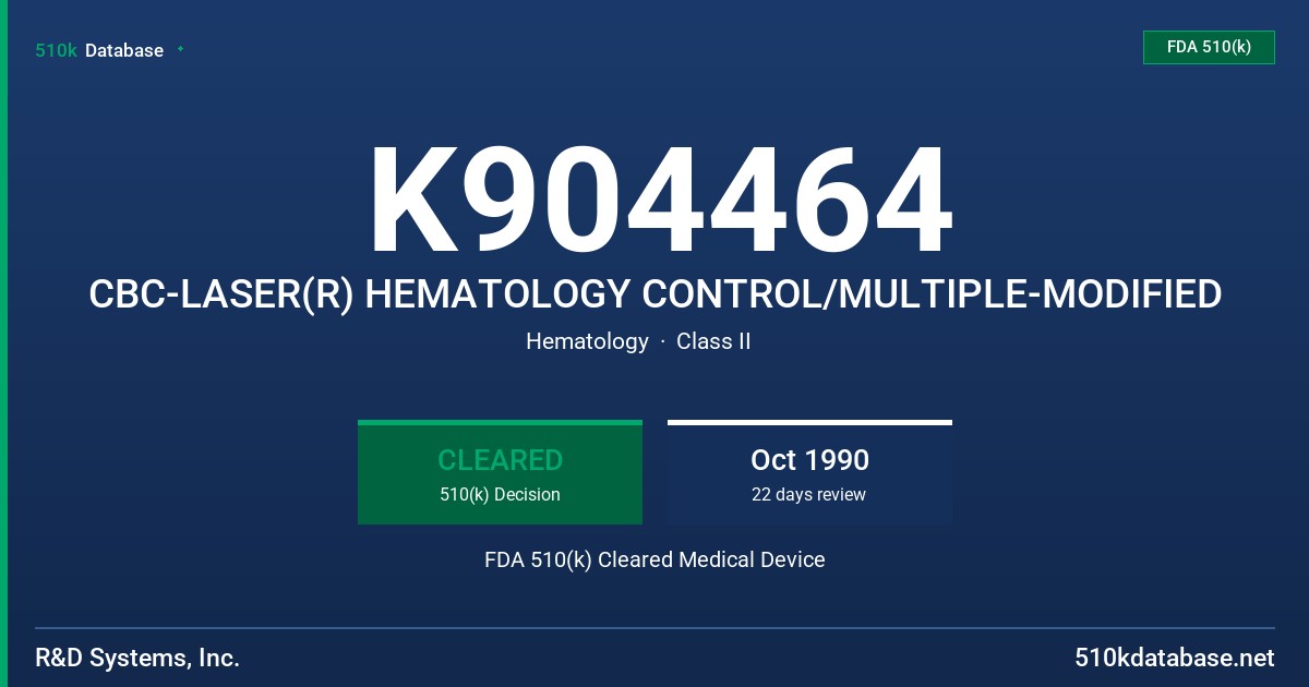 K904464 CBC-LASER(R) HEMATOLOGY CONTROL/MULTIPLE-MODIFIED FDA 510(k) Cleared Medical Device
