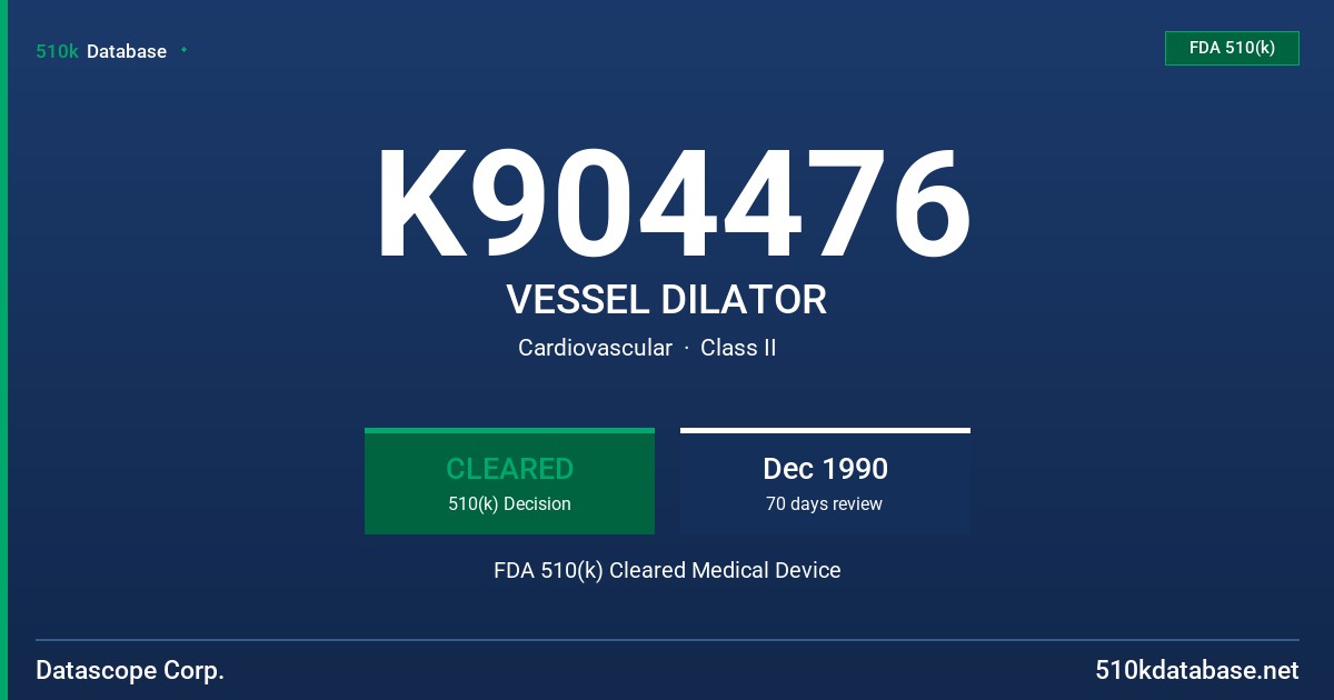 K904476 VESSEL DILATOR FDA 510(k) Cleared Medical Device