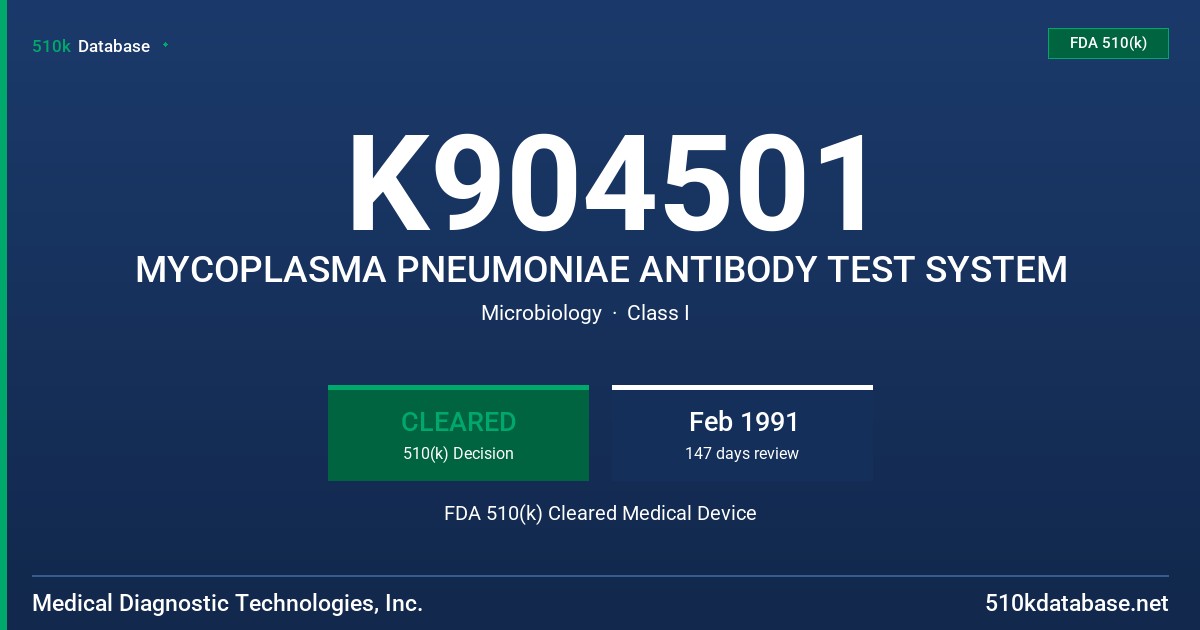 K904501 MYCOPLASMA PNEUMONIAE ANTIBODY TEST SYSTEM FDA 510(k) Cleared Medical Device