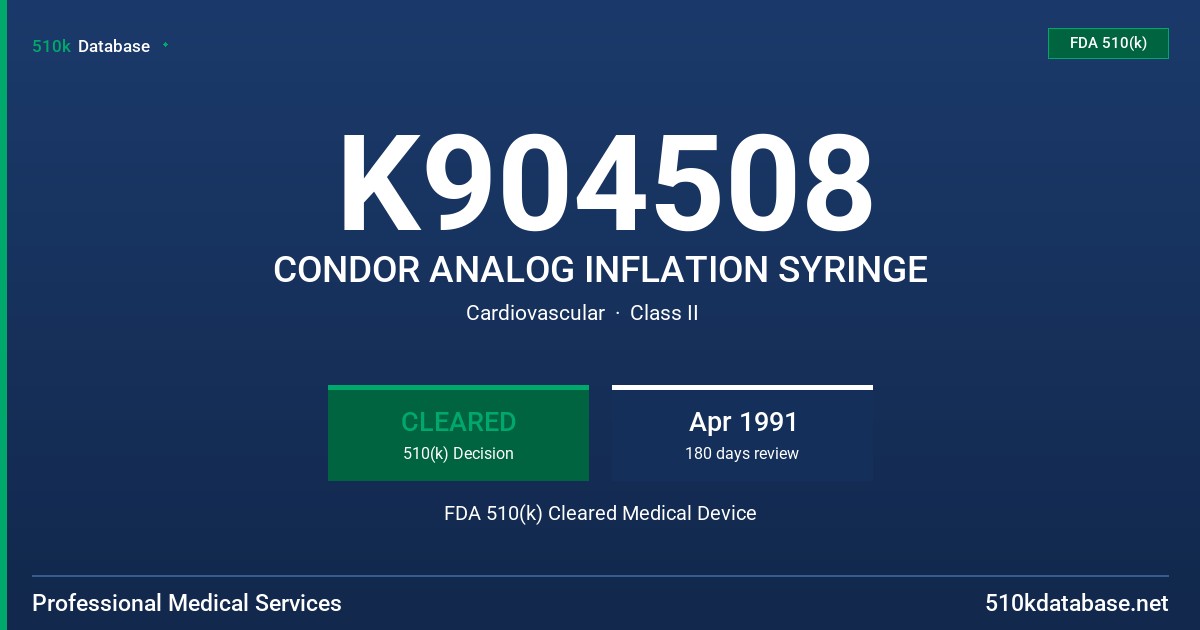 K904508 CONDOR ANALOG INFLATION SYRINGE FDA 510(k) Cleared Medical Device