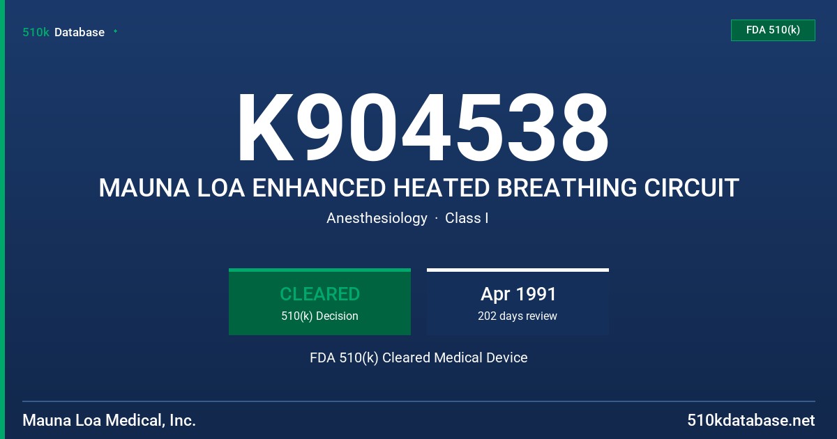 K904538 MAUNA LOA ENHANCED HEATED BREATHING CIRCUIT FDA 510(k) Cleared Medical Device