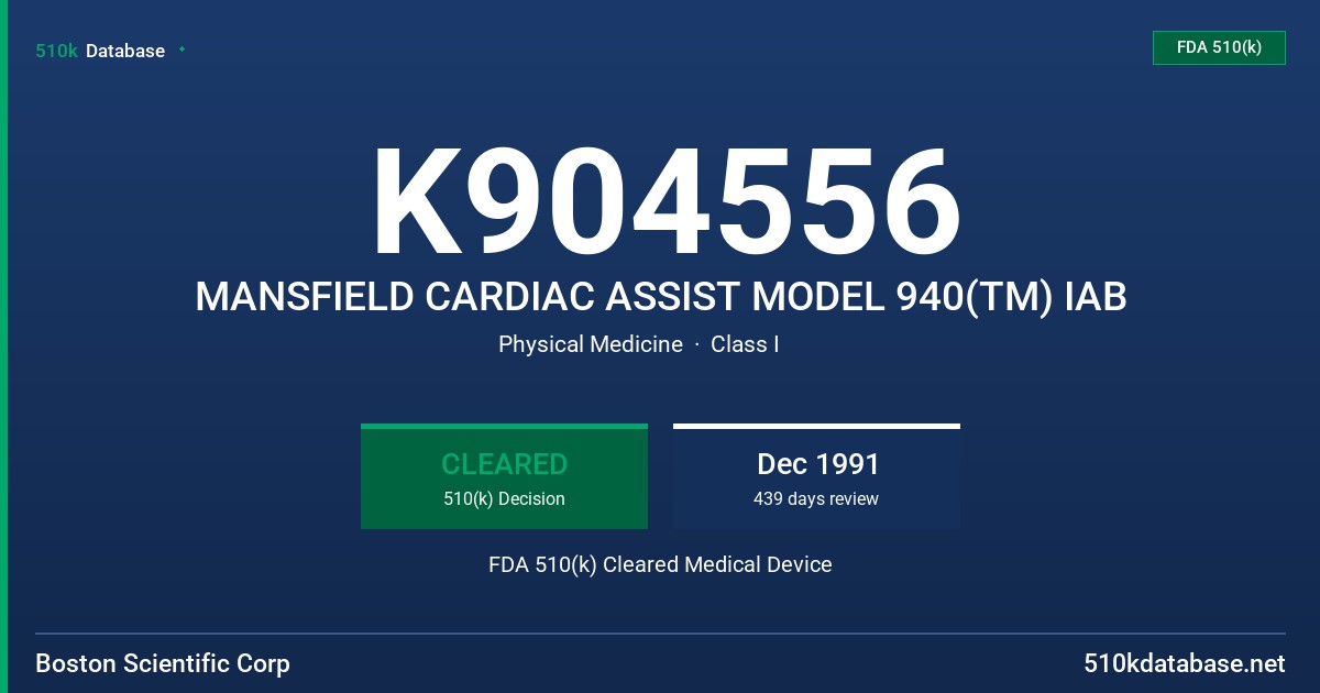 K904556 MANSFIELD CARDIAC ASSIST MODEL 940(TM) IAB FDA 510(k) Cleared Medical Device