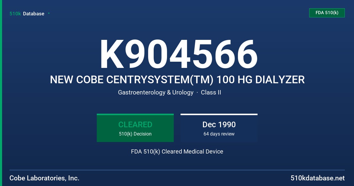 K904566 NEW COBE CENTRYSYSTEM(TM) 100 HG DIALYZER FDA 510(k) Cleared Medical Device