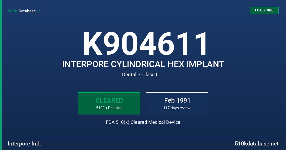 K904611 INTERPORE CYLINDRICAL HEX IMPLANT FDA 510(k) Cleared Medical Device