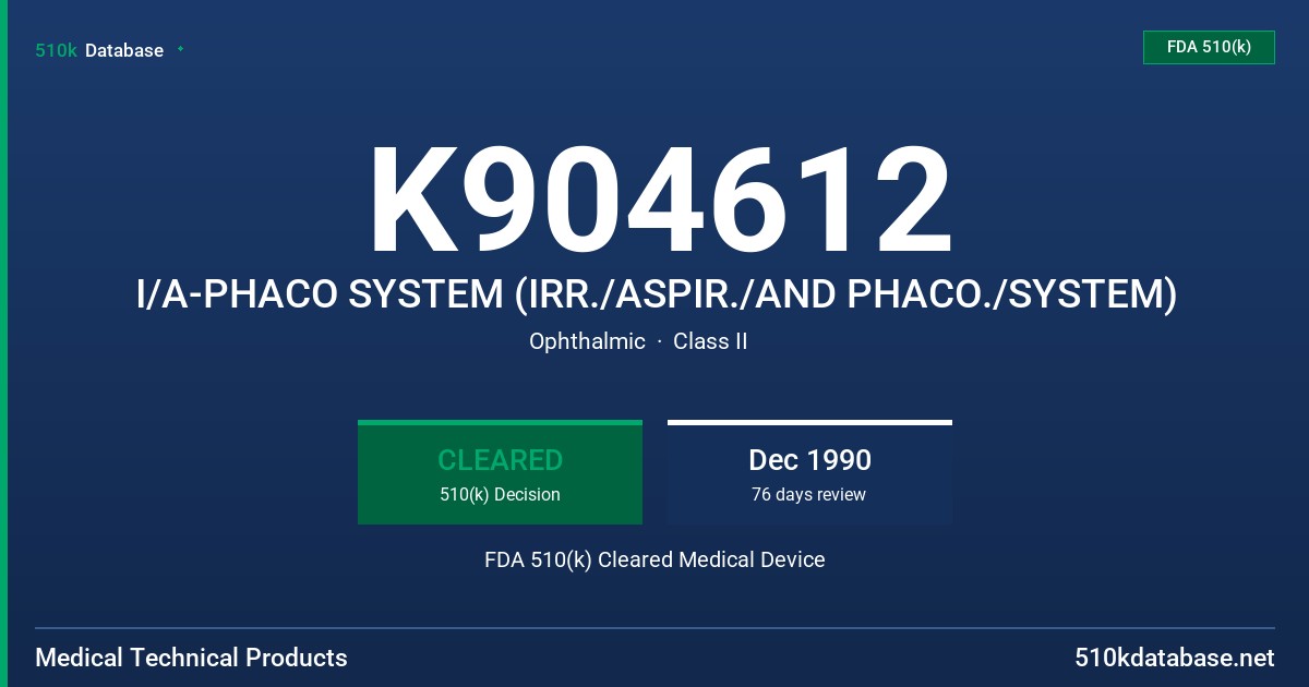 K904612 I/A-PHACO SYSTEM (IRR./ASPIR./AND PHACO./SYSTEM) FDA 510(k) Cleared Medical Device