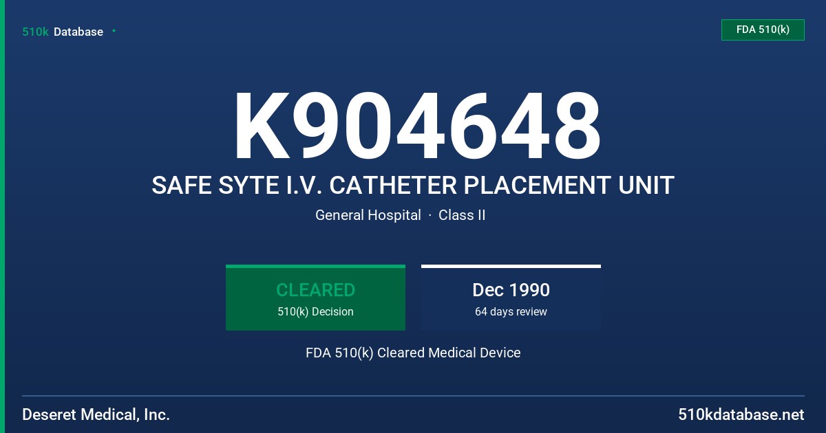 K904648 SAFE SYTE I.V. CATHETER PLACEMENT UNIT FDA 510(k) Cleared Medical Device