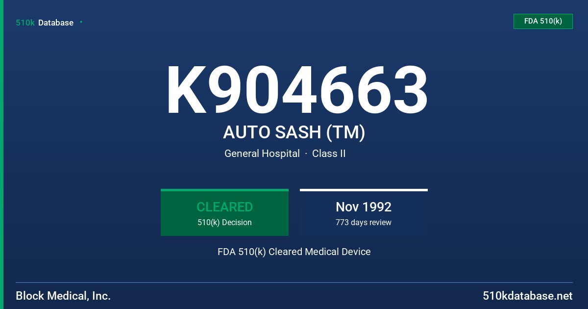 K904663 AUTO SASH (TM) FDA 510(k) Cleared Medical Device