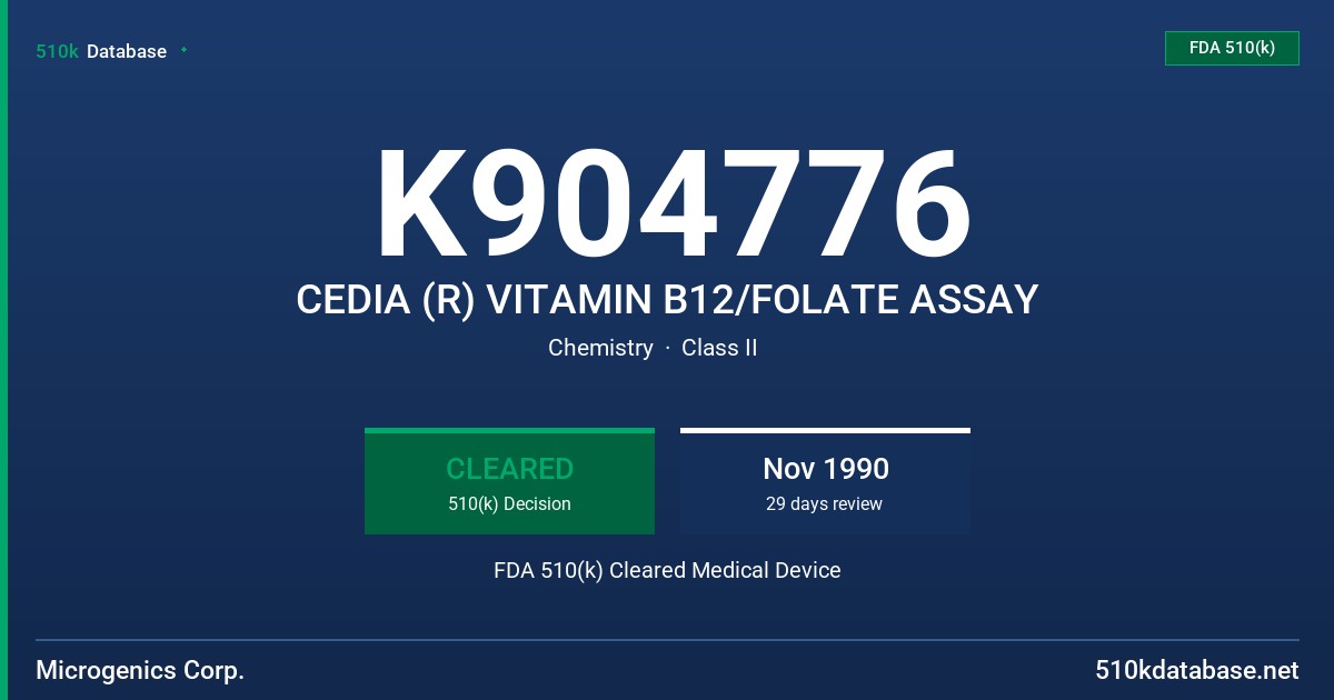 K904776 CEDIA (R) VITAMIN B12/FOLATE ASSAY FDA 510(k) Cleared Medical Device