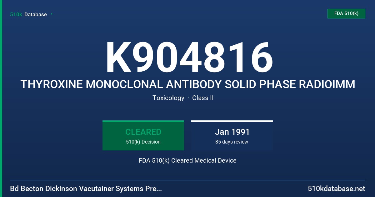 K904816 THYROXINE MONOCLONAL ANTIBODY SOLID PHASE RADIOIMM FDA 510(k) Cleared Medical Device