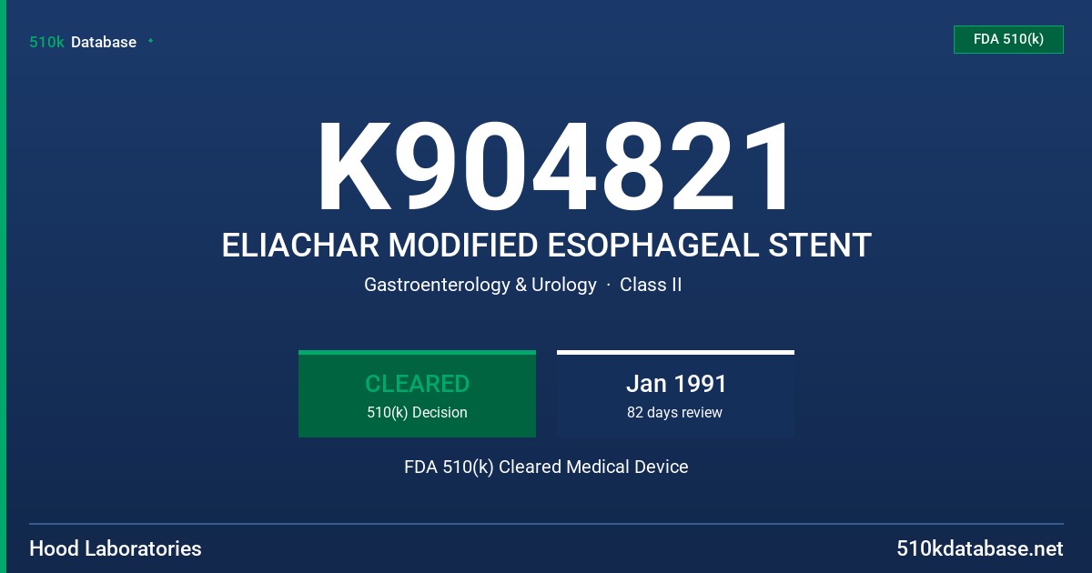 K904821 ELIACHAR MODIFIED ESOPHAGEAL STENT FDA 510(k) Cleared Medical Device