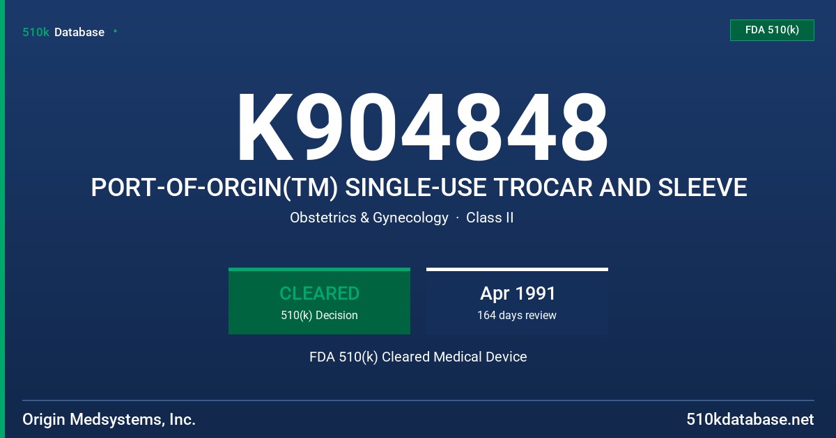 K904848 PORT-OF-ORGIN(TM) SINGLE-USE TROCAR AND SLEEVE FDA 510(k) Cleared Medical Device
