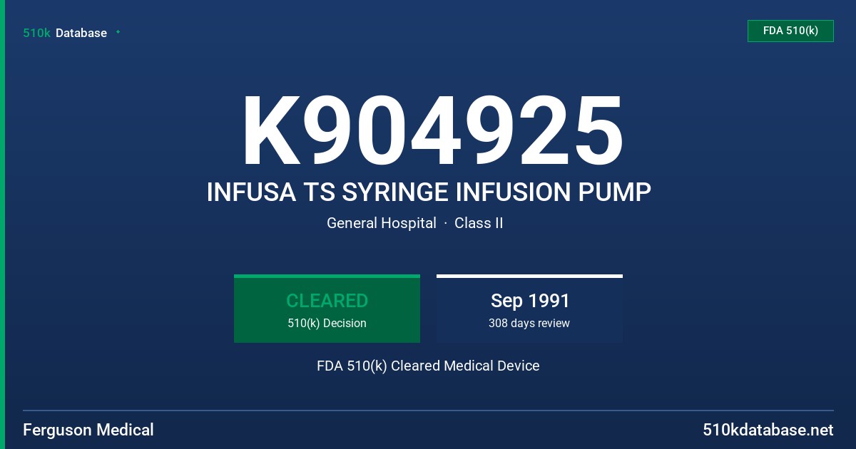 K904925 INFUSA TS SYRINGE INFUSION PUMP FDA 510(k) Cleared Medical Device