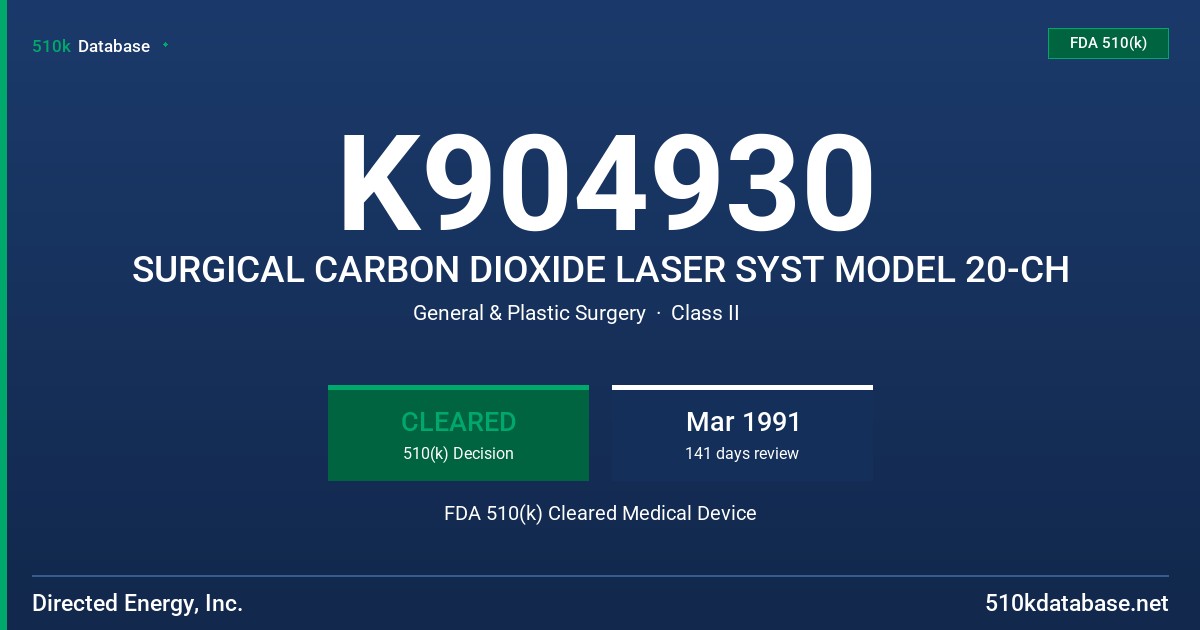 K904930 SURGICAL CARBON DIOXIDE LASER SYST MODEL 20-CH FDA 510(k) Cleared Medical Device