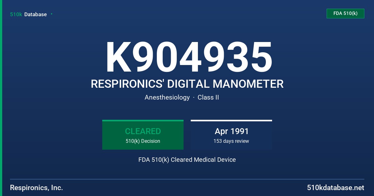 K904935 RESPIRONICS' DIGITAL MANOMETER FDA 510(k) Cleared Medical Device