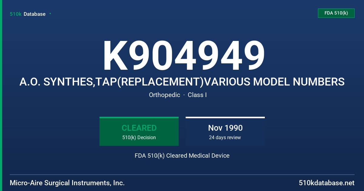 K904949 A.O. SYNTHES,TAP(REPLACEMENT)VARIOUS MODEL NUMBERS FDA 510(k) Cleared Medical Device