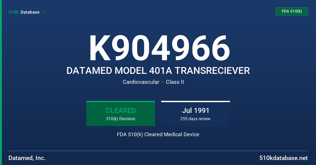 K904966 DATAMED MODEL 401A TRANSRECIEVER FDA 510(k) Cleared Medical Device