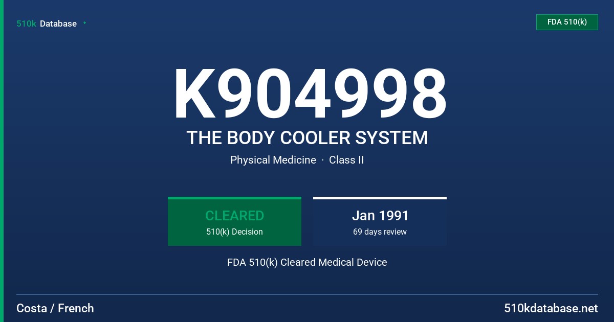 K904998 THE BODY COOLER SYSTEM FDA 510(k) Cleared Medical Device