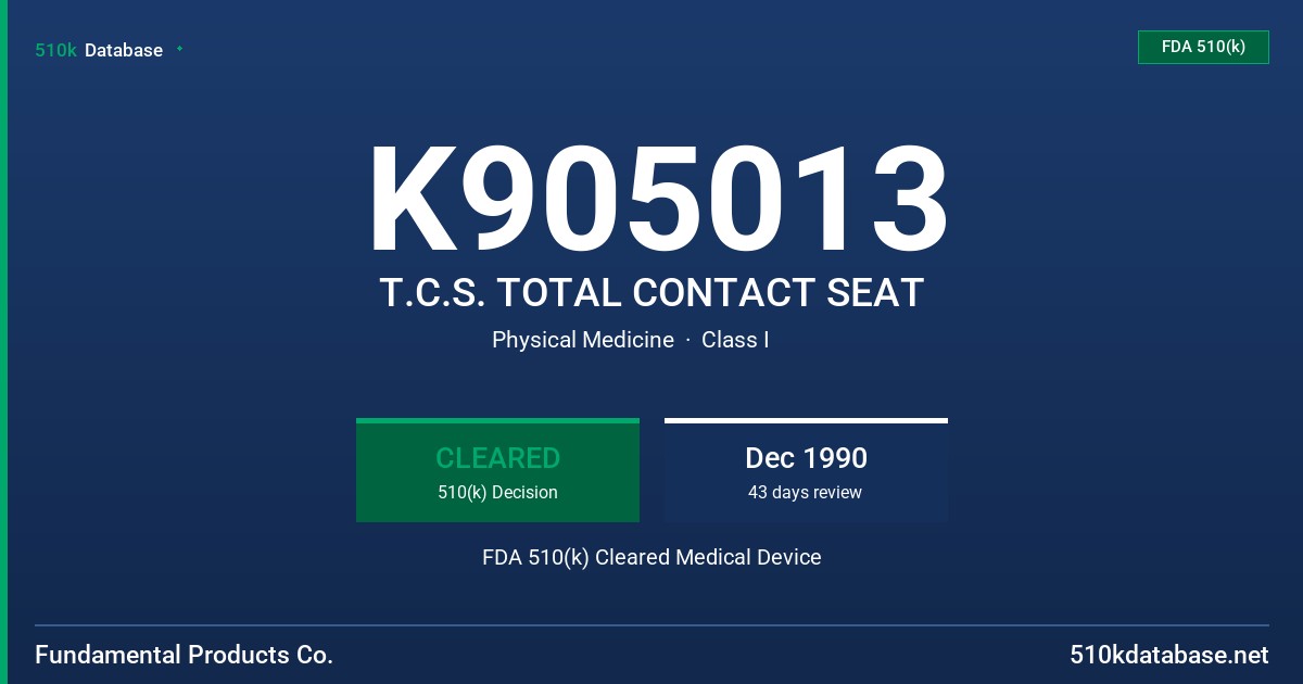 K905013 T.C.S. TOTAL CONTACT SEAT FDA 510(k) Cleared Medical Device