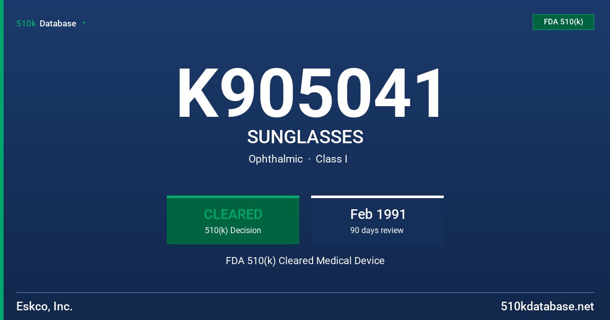 K905041 SUNGLASSES FDA 510(k) Cleared Medical Device