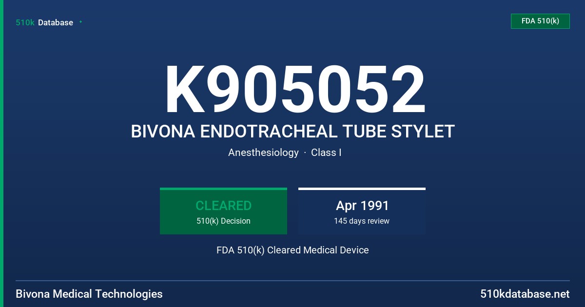 K905052 BIVONA ENDOTRACHEAL TUBE STYLET FDA 510(k) Cleared Medical Device