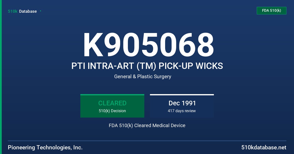 K905068 PTI INTRA-ART (TM) PICK-UP WICKS FDA 510(k) Cleared Medical Device